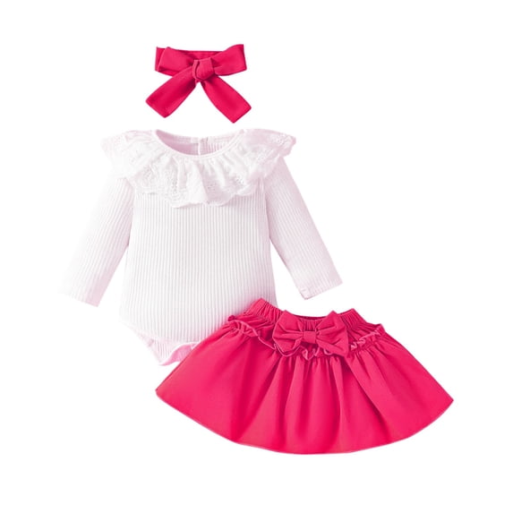 Zwiiyzr 0-18M Newborn Baby Girls Fall Winter Outfits Cute Ruffle Long Sleeve Ribbed Romper Top Bow Suspender Skirt with Headband Three Piece Baby Clothes Hot Pink
