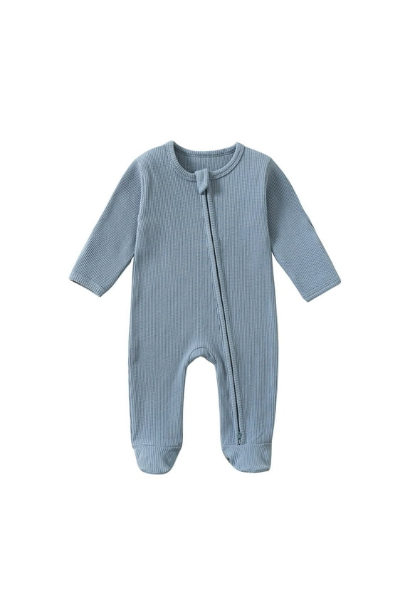 0-1T Infant Baby Boys Girls Long Sleeve Footed Sleep and Play Pajamas One-Piece Zip Front Comfortable Solid Color Romper Jumpsuit Pajamas Blue