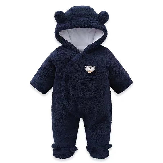 Zwiiyzr 0-1T Newborn Baby Boys Girl Footie Rompers Hooded Fuzzy Fleece Bear Hooded Jumpsuit Long Sleeve Onesie Winter Warm Outwear Outfits Navy