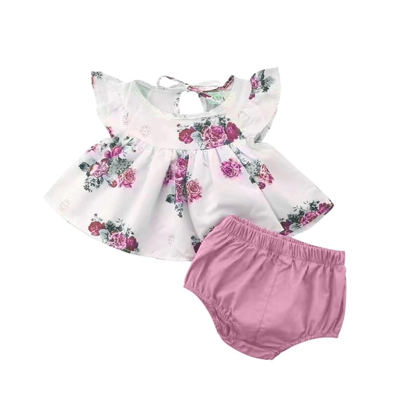 Zwiiyzr 0-2T Baby Girl Summer Clothes Set Floarl Short Sleeve Swing Top Solid Bloomer Shorts Sets 2Pcs Infant Girl Outfits Pink
