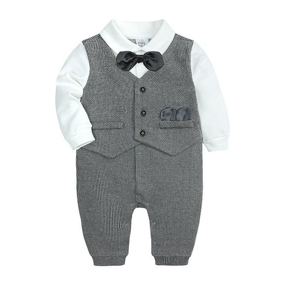 Zwiiyzr 0-2T Infant Baby Boys First Birthday Outfit Formal Dress Gentlemen One-Piece Romper Cotton Long Sleeve Collared Jumpsuit Romper Gray