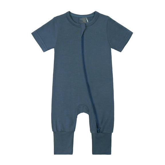 Zwiiyzr 0-2T Newborn Baby Boys Girls Summer Outfits Infant Short Sleeve Romper Jumpsuit Bodysuit Cute Solid Color Soft Zipper Home Wear Jumpsuit Navy