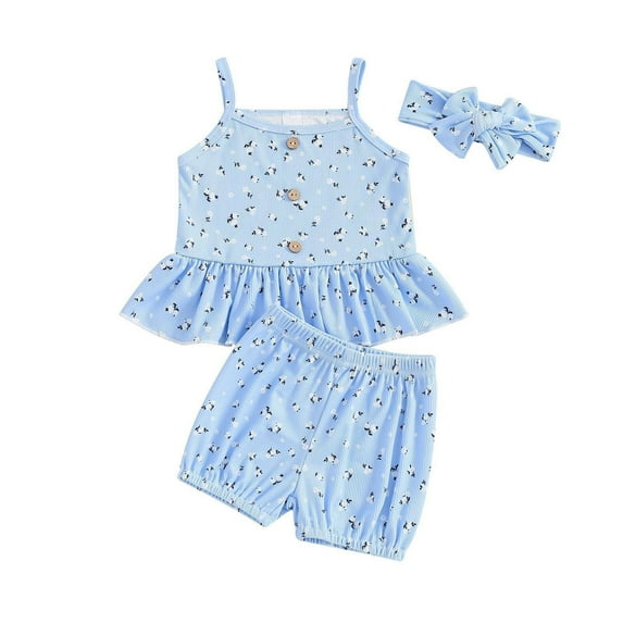 Zwiiyzr 2025 0-2T Newborn Toddler Baby Girl Summer Clothes Three Piece Ruffle Sleeveless Ribbed Top + Headband + Bloomers Shorts Set Blue