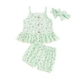thumbnail image 1 of Zwiiyzr 0-2T Newborn Toddler Baby Girl Summer Clothes Three Piece Ruffle Sleeveless Ribbed Top + Headband + Bloomers Shorts Set Green, 1 of 7