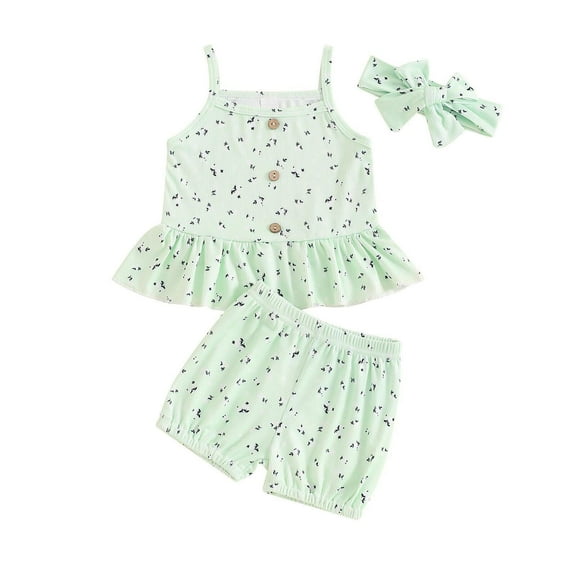 Zwiiyzr 0-2T Newborn Toddler Baby Girl Summer Clothes Three Piece Ruffle Sleeveless Ribbed Top + Headband + Bloomers Shorts Set Green