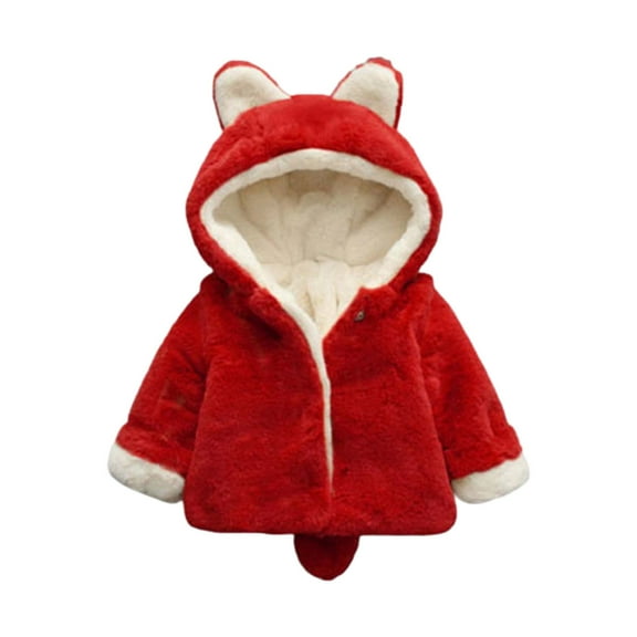 Zwiiyzr 2025 0-3 Years Infant Toddler Girls Fluffy Jacket Winter Fleece Coat Ear Hooded Faux Fur Jacket Baby Warm Outwear Holiday Birthday Gift Red