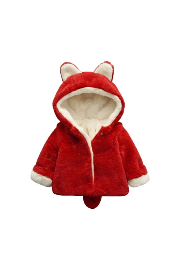 2025 0-3 Years Infant Toddler Girls Fluffy Jacket Winter Fleece Coat Ear Hooded Faux Fur Jacket Baby Warm Outwear Holiday Birthday Gift Red
