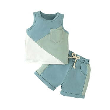 Zwiiyzr 0-3T Infant Baby Boy Summer Clothes Color Block Sleeveless Tank Tops & Shorts 2 Piece Toddler Cotton Outfits Blue