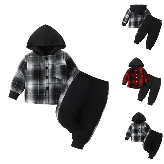 Zwiiyzr 0-3T Toddler Baby Boy Girl Clothes Flannel Hooded Plaid Shirt and Long Pants Fall Winter Toddler Sweatsuit Red