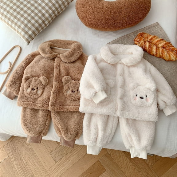 Zwiiyzr 0-3T Toddler Baby Boy Girl Fall Winter Warm Outfit Bear Pocket Button Down Sherpa Fleece Jacket Elastic Waist Pants Set Kid Clothes Khaki