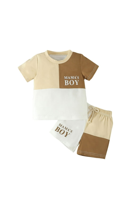 0-3T Toddler Boy Summer Outfit Baby Clothes Short Sleeve "Mama's Boy" Letter Print T-Shirt Tops Drawstring Shorts Set Khaki