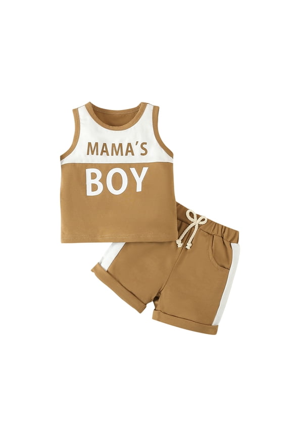 0-3T Toddler Boy Summer Outfit Baby Clothes Sleeveless "Mama's Boy" Letter Print T-Shirt Tops Drawstring Shorts Set Brown