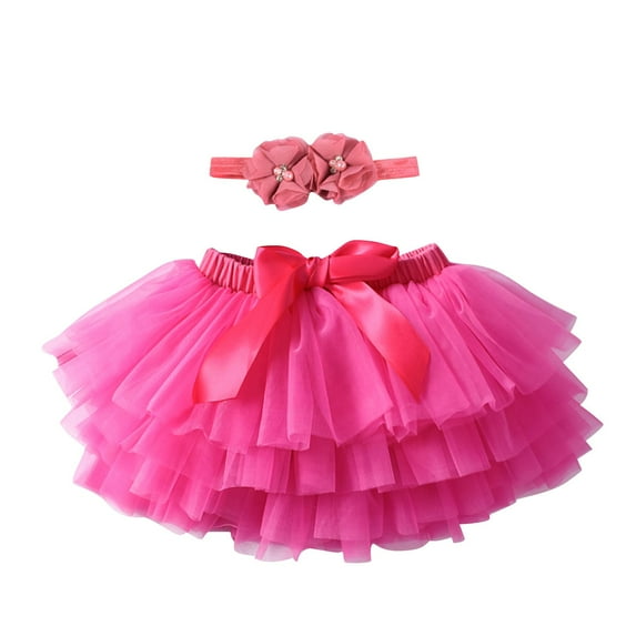 Zwiiyzr 2025 0-3T Toddler Infant Baby Girls Ballet Tulle Rainbow Tutu Skirt Dress Up with Colorful Hair Bows Hot Pink