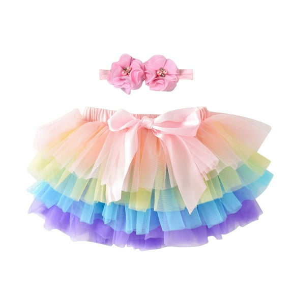 Zwiiyzr 2025 0-3T Toddler Infant Baby Girls Ballet Tulle Rainbow Tutu Skirt Dress Up with Colorful Hair Bows Multicolor
