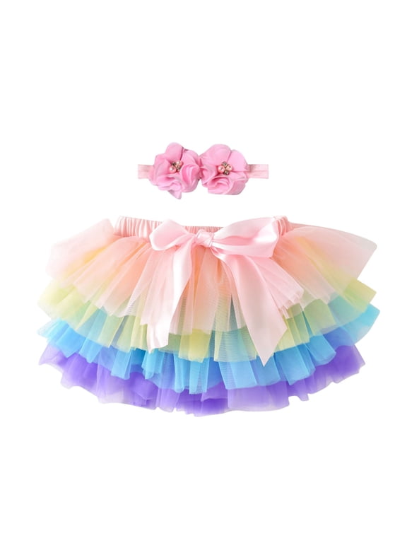 0-3T Toddler Infant Baby Girls Ballet Tulle Rainbow Tutu Skirt Dress Up with Hair Bows Multicolor