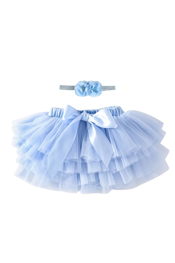 2025 0-3T Toddler Infant Baby Girls Ballet Tulle Rainbow Tutu Skirt Dress Up with Colorful Hair Bows Sky Blue