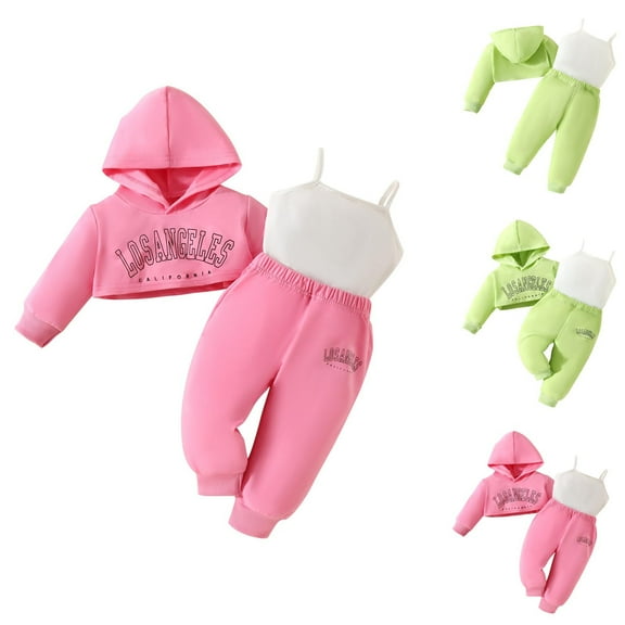 Zwiiyzr 0-3T Toddler Kids Baby Girl Letter Print Long Sleeve Hooded Pullover + Solid Color Camisole Top + Sweatpants 3 Piece Set Green
