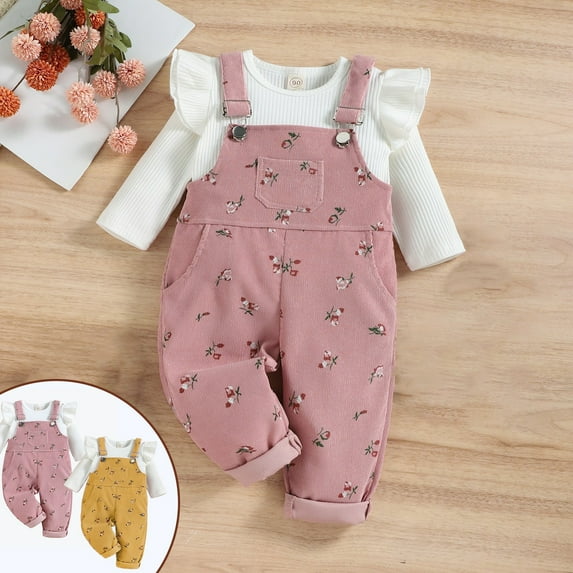 Zwiiyzr 0-4T Toddler Baby Girl Fall Winter Outfits Ruffle Long Sleeve Shirts Corduroy Suspender Pants Overalls Set Yellow