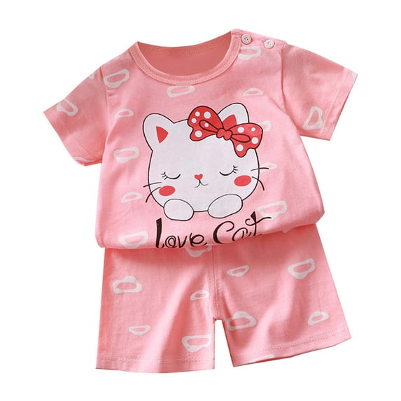 Zwiiyzr 2025 0-6T Infant Toddler Baby Girl Clothes Summer Home Clothing Round Neck Short Sleeved Shorts Two-Piece Set Pink