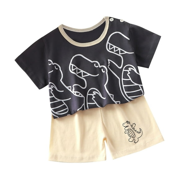 Zwiiyzr 0-6T Toddler Baby Boy Clothes Summer Home Clothing Round Neck Short Sleeve Shorts Two-Piece Set Khaki