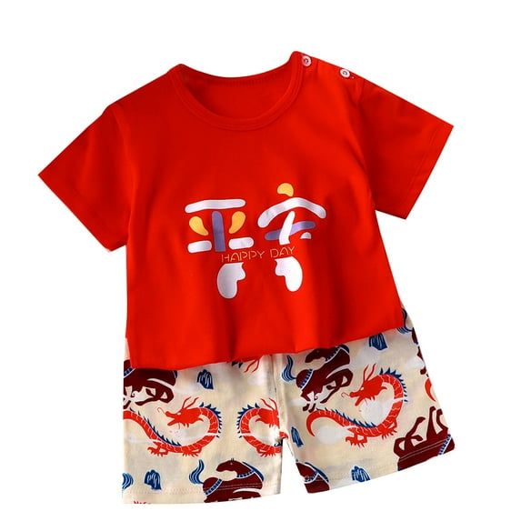 Zwiiyzr 2025 0-6T Toddler Baby Boy Clothes Summer Home Clothing Round Neck Short Sleeve Shorts Two-Piece Set Red