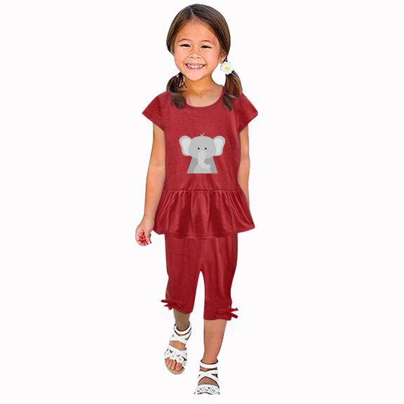 Zwiiyzr 1-10 Years Little & Big Girl Summer Outfits Cartoon Ruffle Short Sleeved Flutter Sleeve Elastic Waist Cropped Pants Daisy 2Pcs Clothing Set Watermelon Red
