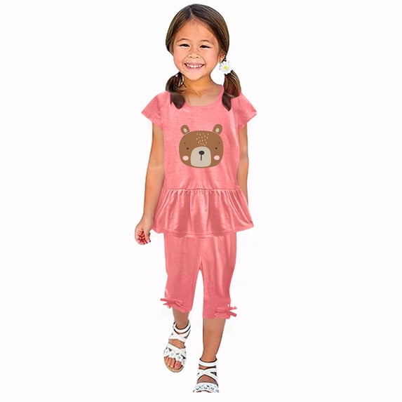 Zwiiyzr 1-10 Years Little & Big Girl Summer Outfits Cute Bear Ruffle Short Sleeved Flutter Sleeve Elastic Waist Cropped Pants Daisy 2Pcs Clothing Set Pink