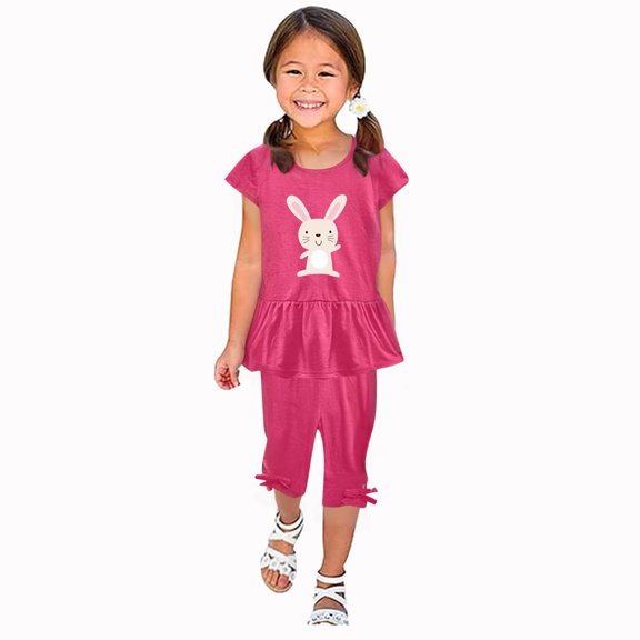 Zwiiyzr 1-10 Years Little & Big Girl Summer Outfits Cute Bunny Ruffle Short Sleeved Flutter Sleeve Elastic Waist Cropped Pants Daisy 2Pcs Clothing Set Hot Pink