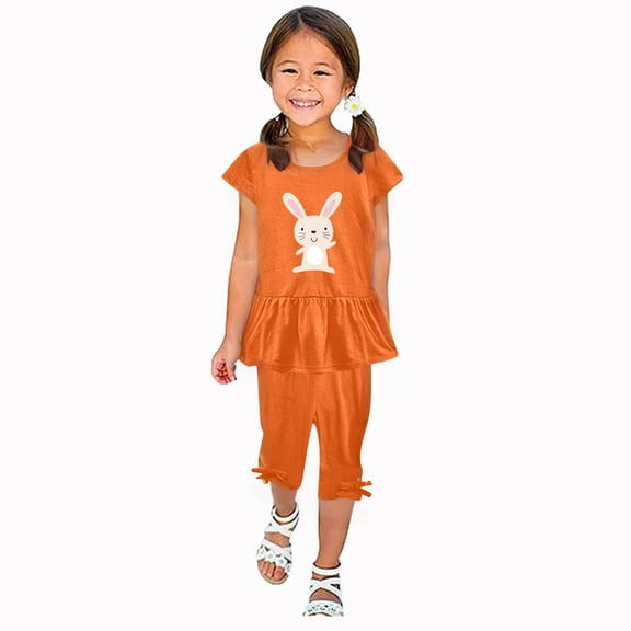 Zwiiyzr 1-10 Years Little & Big Girl Summer Outfits Cute Bunny Ruffle Short Sleeved Flutter Sleeve Elastic Waist Cropped Pants Daisy 2Pcs Clothing Set Orange
