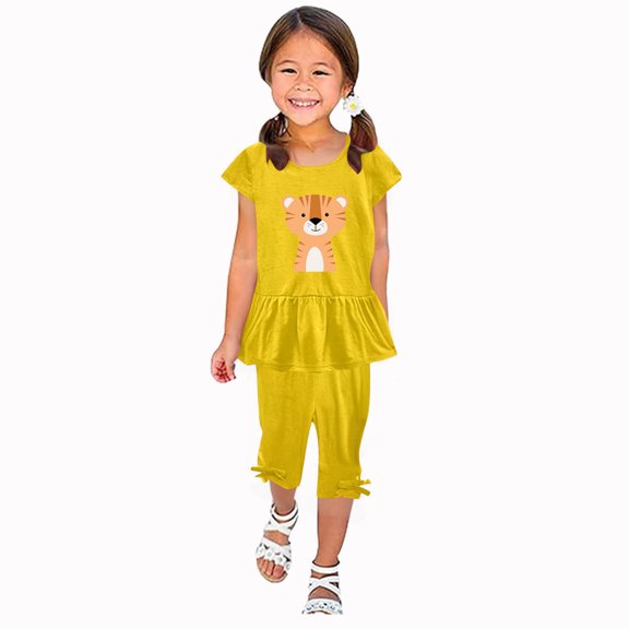 Zwiiyzr 1-10 Years Little & Big Girl Summer Outfits Cute Lions Ruffle Short Sleeved Flutter Sleeve Elastic Waist Cropped Pants Daisy 2Pcs Clothing Set Yellow