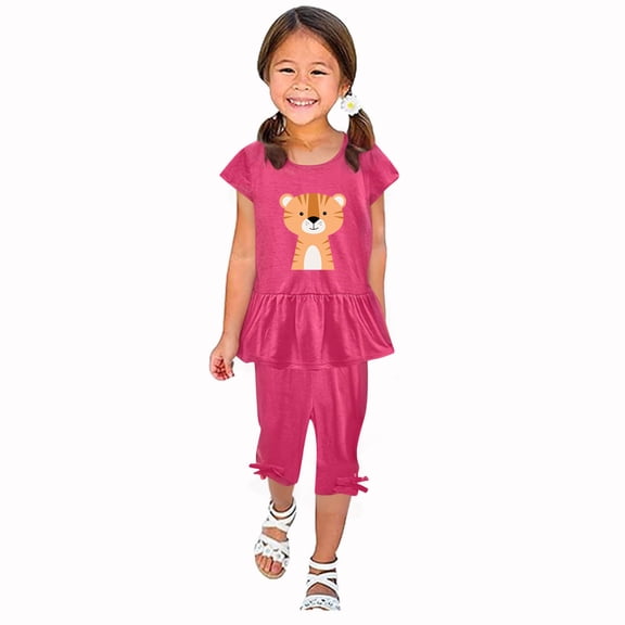 Zwiiyzr 1-10 Years Little & Big Girl Summer Outfits Cute Lions Ruffle Short Sleeved Flutter Sleeve Elastic Waist Cropped Pants Daisy 2Pcs Clothing Set Hot Pink