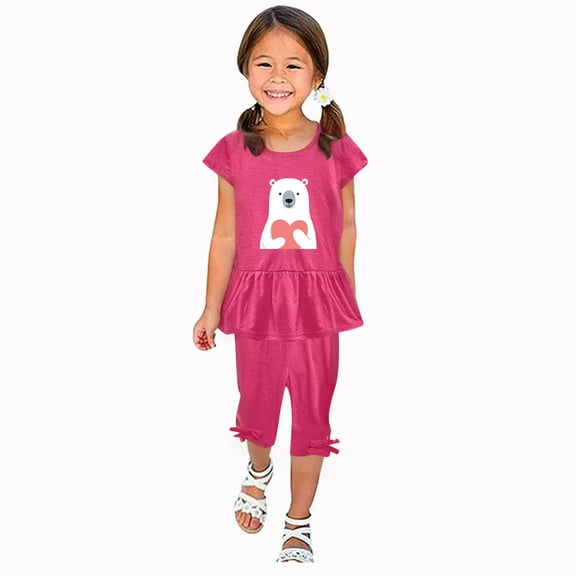 Zwiiyzr 1-10 Years Little & Big Girl Summer Outfits Cute Ruffle Short Sleeved Flutter Sleeve Elastic Waist Cropped Pants 2Pcs Clothing Set Hot Pink