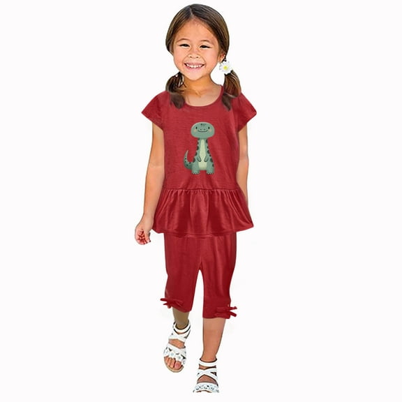 Zwiiyzr 1-10 Years Little & Big Girl Summer Outfits Dinosaurs Ruffle Short Sleeved Flutter Sleeve Elastic Waist Cropped Pants Daisy 2Pcs Clothing Set Watermelon Red