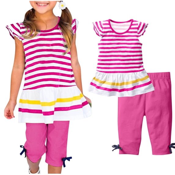 Zwiiyzr 2025 1-10 Years Little & Big Girl Summer Outfits Striped Short Sleeve Ruffle T Shirts & Capris Pants Daisy 2Pcs Clothing Set Hot Pink