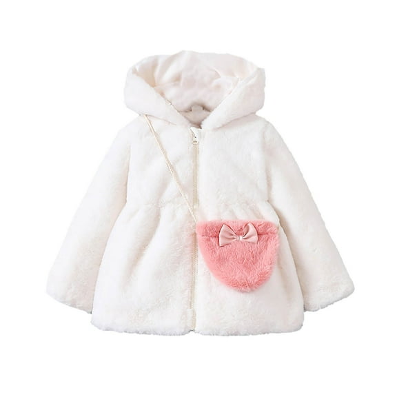 Zwiiyzr 1-10Y Baby Girl Clothes Toddler Fuzzy Fleece Jacket with Bag Winter Hoodie Outerwear Coat Full Zip Hoodie for Children White