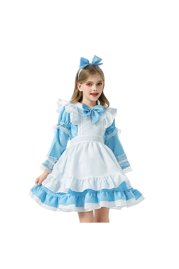 1-11Y Girls Maid Dress Floral Colonial Prairie Clothes for Little Kids with Apron and Bonnet Five Piece Cute Outfits Sky Blue