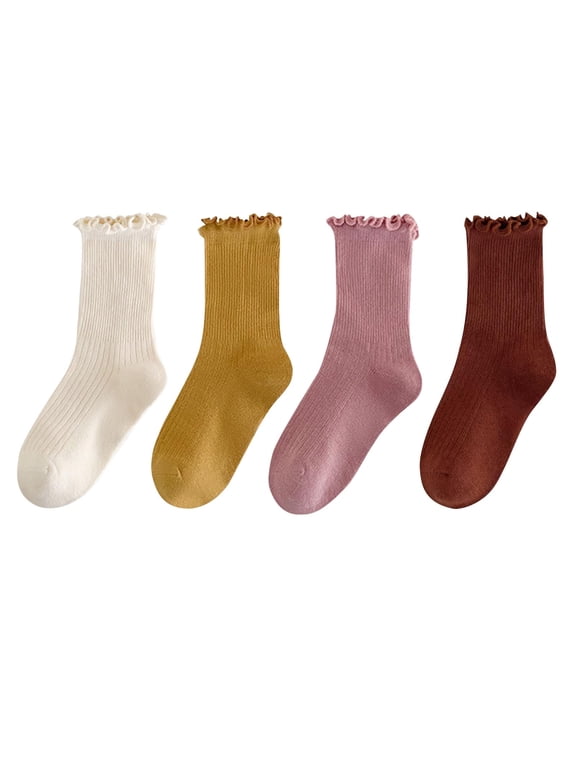1-12 Years Baby Girls 4Pc Slouch Socks Toddlers Ruffle Socks Girl's Dress Socks Baby Winter Fall Socks Solid Crew Socks Beige