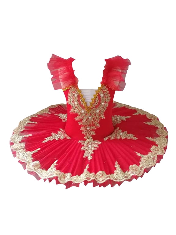 2025 1-14 Years Girls Ballerina Clothes Dance Ruffle Sleeve Gymnastics Leotard Ballet Tutu Red