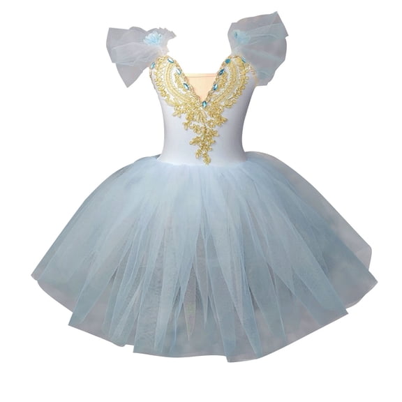 Zwiiyzr 2025 1-14Y Girls Ballerina Clothes Dance Ruffle Sleeve Floral Print Gymnastics Leotard Ballet Tutu Blue