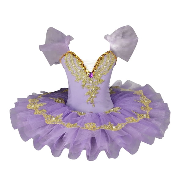Zwiiyzr 2025 1-14Y Girls Ballerina Clothes Dance Ruffle Sleeve Floral Print Gymnastics Leotard Ballet Tutu Purple
