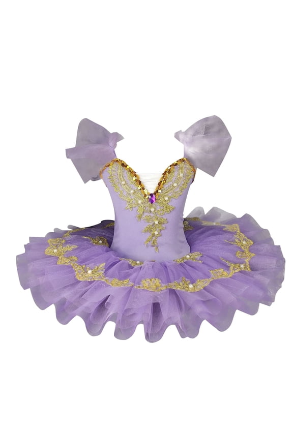 2025 1-14Y Girls Ballerina Clothes Dance Ruffle Sleeve Floral Print Gymnastics Leotard Ballet Tutu Purple