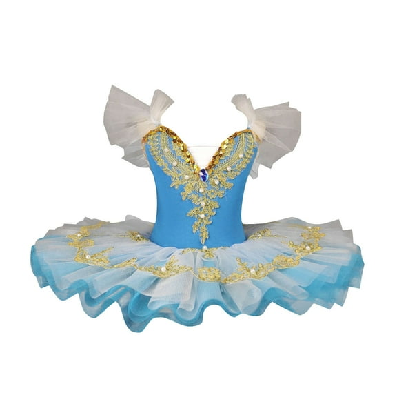Zwiiyzr 2025 1-14Y Girls Ballerina Clothes Dance Ruffle Sleeve Floral Print Gymnastics Leotard Ballet Tutu Sky Blue