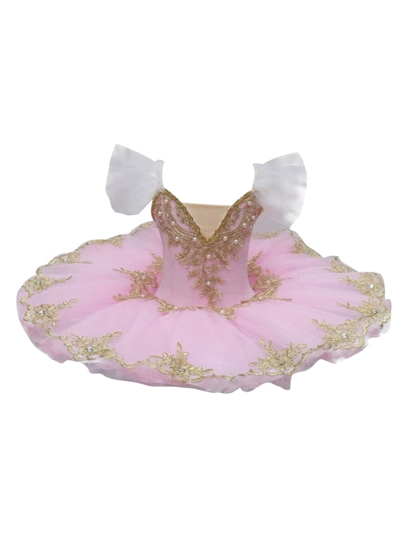 2025 1-14Y Girls Ballerina Clothes Dance Tutu Floral Print Gymnastics Leotard Ballet Tutu Pink