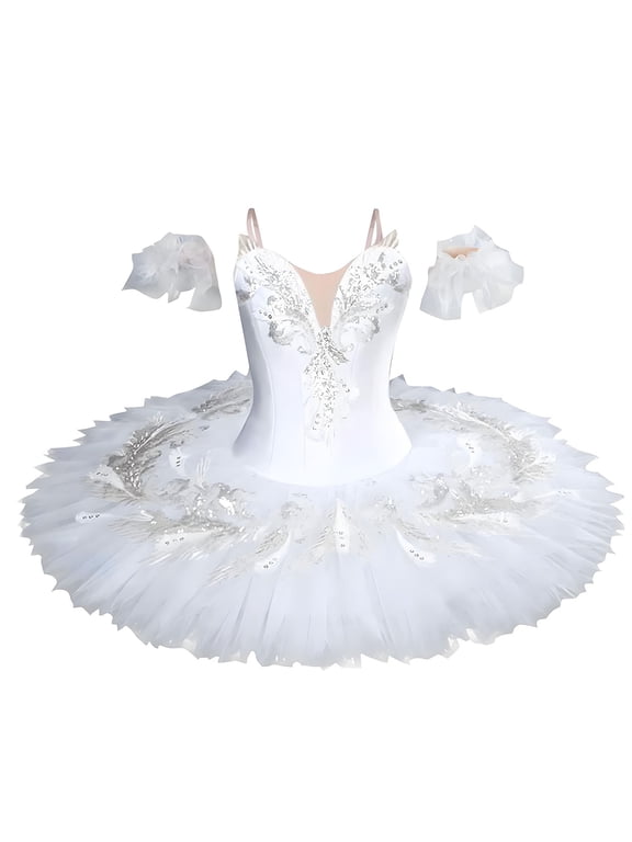 2025 1-14Y Girls Ballerina Clothes Dance Tutu Floral Print Gymnastics Leotard Ballet Tutu White