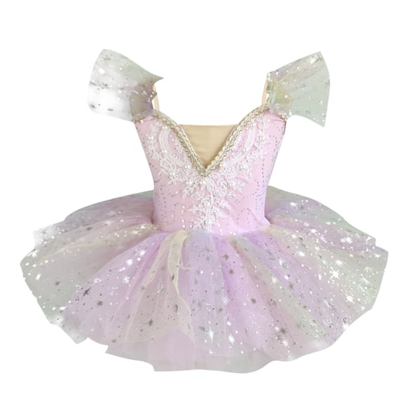Zwiiyzr 2025 1-14Y Girls Ballerina Clothes Dance Tutu Ruffle Sleeve Floral Print Gymnastics Leotard Ballet Tutu Pink