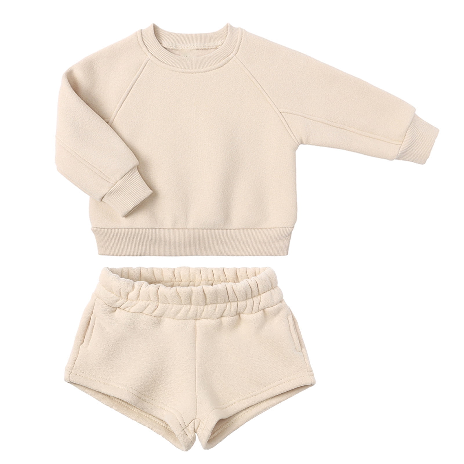 1-14Y Winter Kids Teens Boys Girls Sweatshirt Long Sleeve Pullover Tops And Pockets Shorts Two-Piece Casual Sports Set Beige