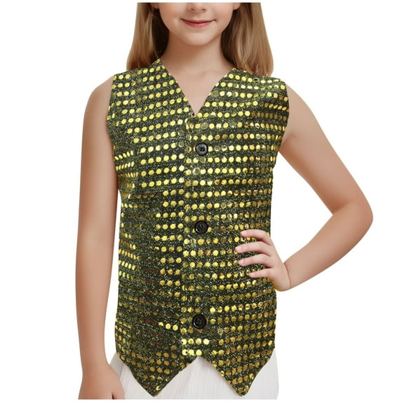 Zwiiyzr 2025 1-16Y Kids Girls Sequins Tank Tops Dance Vest Tops Sparkle Dancewear Gold