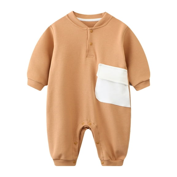 Zwiiyzr 1-18 Months Unisex Baby Boy Girl Romper V Neck Cotton Outfits Infant Long Sleeve One-Piece Overall Newborn Jumpsuits Brown