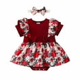 thumbnail image 1 of Zwiiyzr 1-18M Baby Girl Clothes Short Sleeve Floral Stripe Romper Newborn Dress Ruffle Onesie Suspender Shorts Cute Suit One-Piece Headband Set Claret, 1 of 9