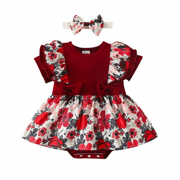 Zwiiyzr 1-18M Baby Girl Clothes Short Sleeve Floral Stripe Romper Newborn Dress Ruffle Onesie Suspender Shorts Cute Suit One-Piece Headband Set Claret